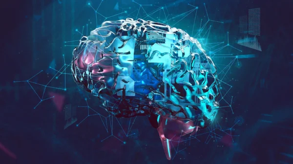 Technisch anmutende Grafik eines Gehirns umgeben von Datenströmen, zur Visulisierung des Themas Künstliche Intelligenz (KI) in der Forschung für moderne Waffensysteme.