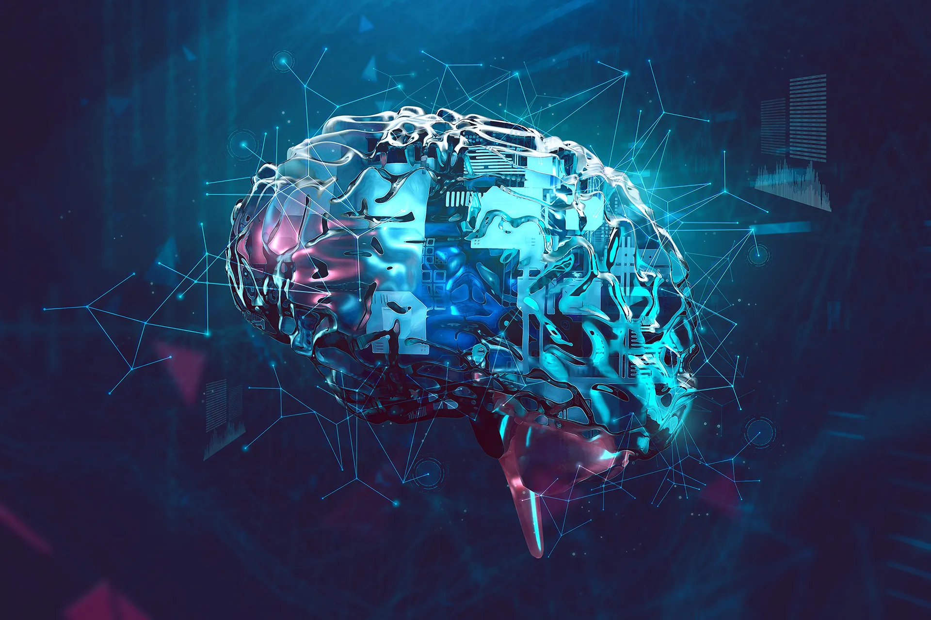Technisch anmutende Grafik eines Gehirns umgeben von Datenströmen, zur Visulisierung des Themas Künstliche Intelligenz (KI) in der Forschung für moderne Waffensysteme.
