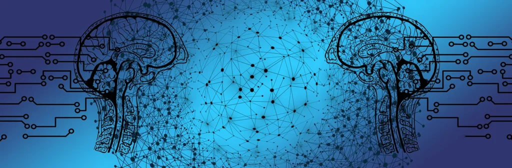 Grafische Visualisierung des Themas "Technische und ethische Dimension in der KI-Forschung für Waffensystem: Zwei sich gegenüberstehende Gehirne, stellvertretend für zwei militärische Entscheider, sind getrennt und gleichzeitig verbunden durch ein komplexes Netz aus Daten und Informationen.