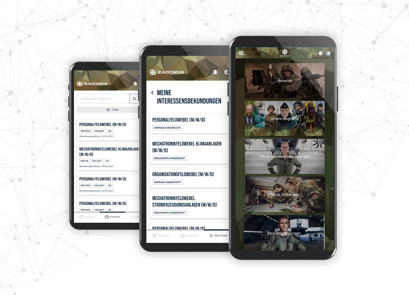 Screenshots aus der geplanten Bundeswehr-App „Meine Reserve“.