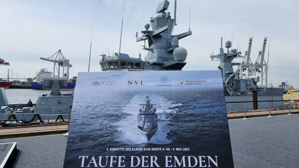Taufe der EMDEN als zweiter Korvette der Klasse K130 des zweiten Loses (Boote 6-10) am 4. Mai 2023.