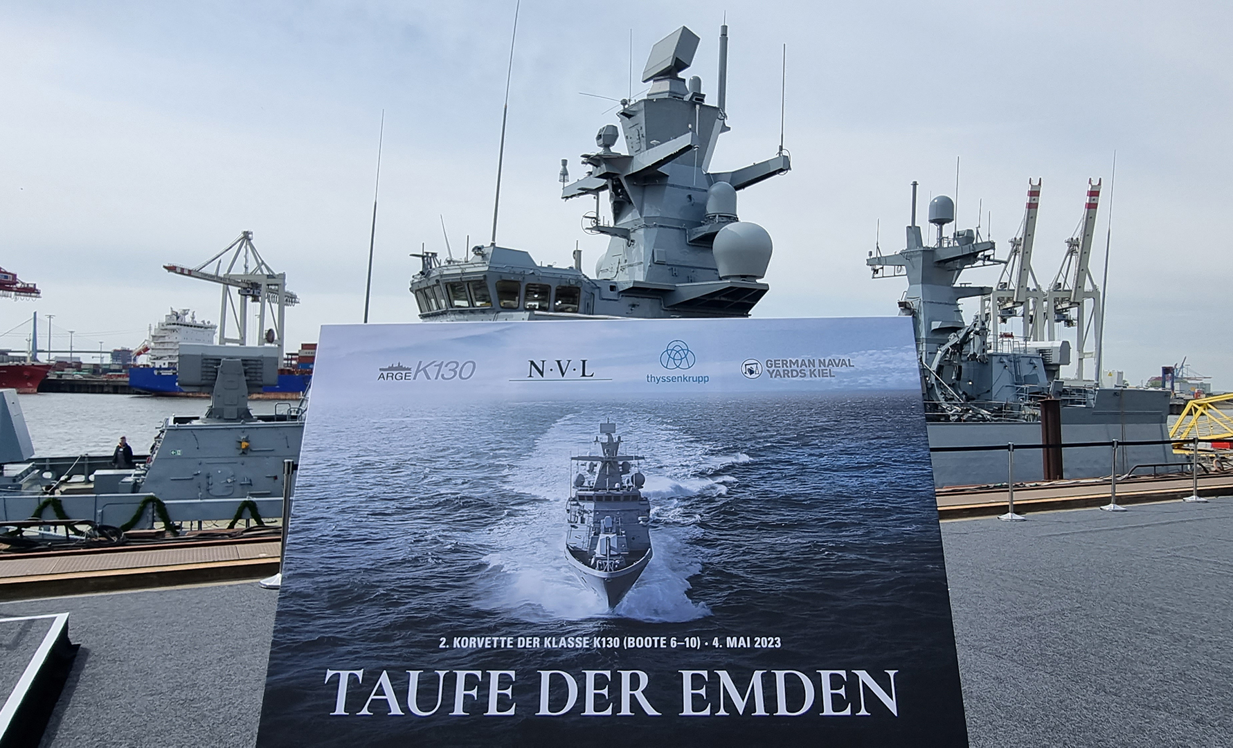 Taufe der EMDEN als zweiter Korvette der Klasse K130 des zweiten Loses (Boote 6-10) am 4. Mai 2023.