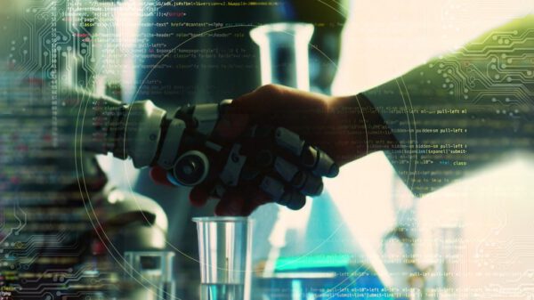 Eine Fotoillustration zeigt einen Menschen, der einem Roboter die Hand schüttelt. KI Forschung.