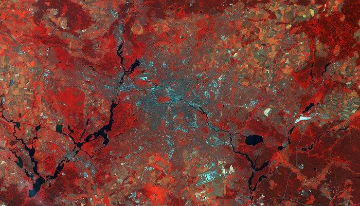 Die Aufnahme des Satelliten Sentinel aus dem Copernicus-Programm der EU und ESA zeigt die deutsche Hauptstadt Berlin.