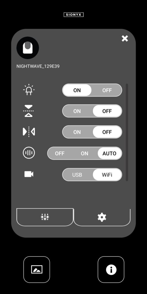 Die Android-Ansicht der Einstellungen zum Opsin Nachtsicht-Monokular.