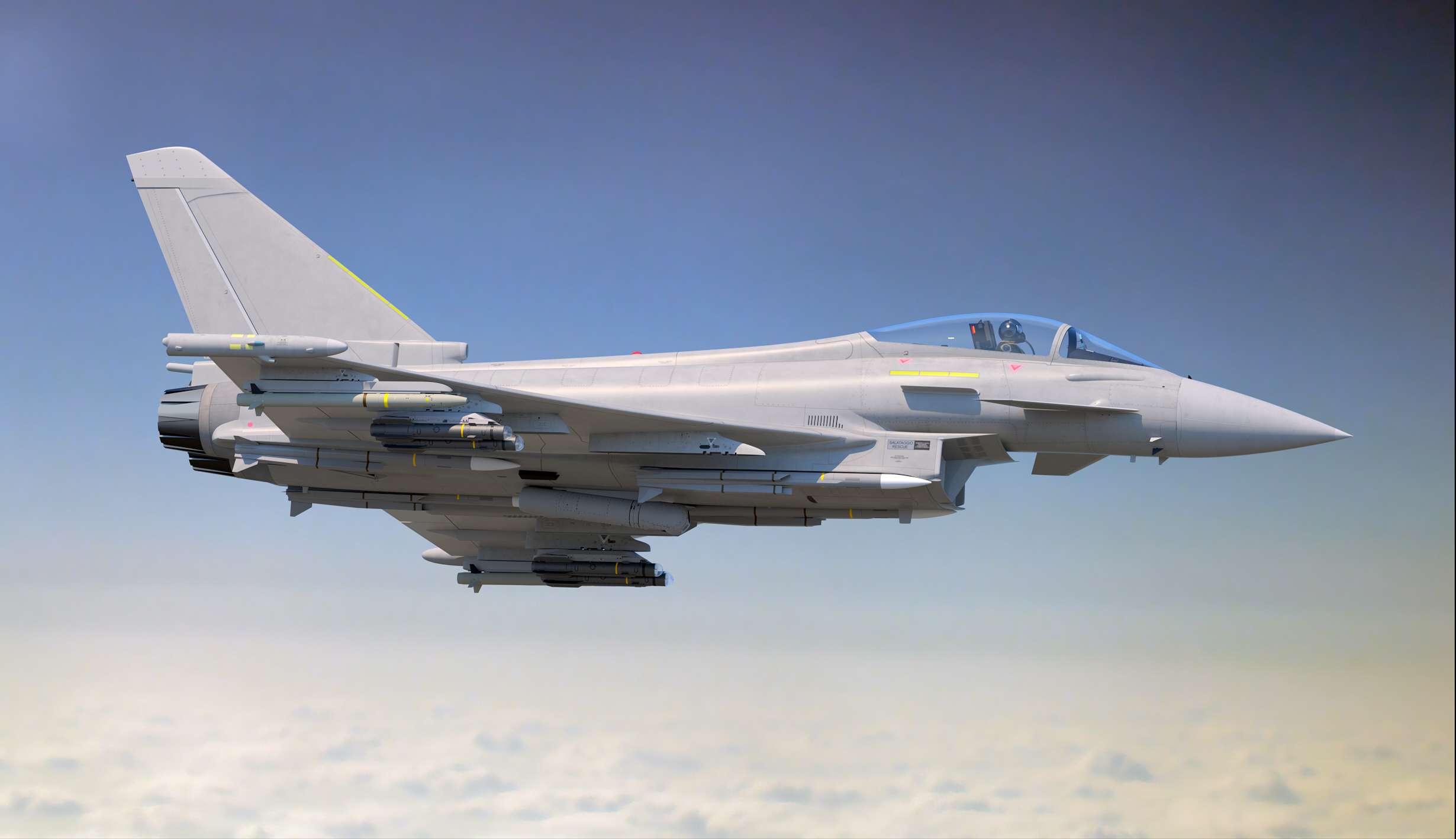 EUROFIGHTER mit angebauten Flugkörpern BRIMSTONE im Flug. Foto: Bundeswehr