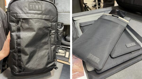 Links: Unauffälliger SLNT-Rucksack, um auch größere Gegenstände zu schützen. Rechts: Faraday-Taschen für Smartphones, Tablets oder Laptops.