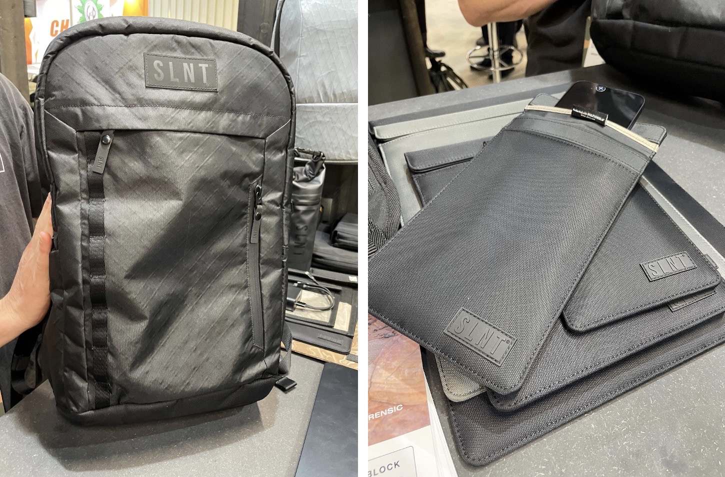 Links: Unauffälliger SLNT-Rucksack, um auch größere Gegenstände zu schützen. Rechts: Faraday-Taschen für Smartphones, Tablets oder Laptops.