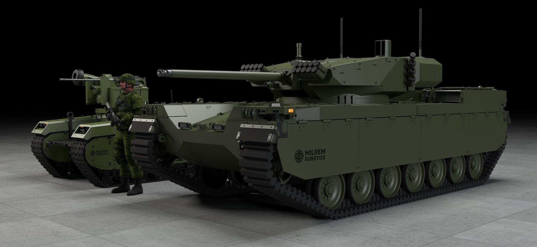 Zwei der Milrem Robotics UGVs, links das THeMIS Modell. (Grafik- Milrem)