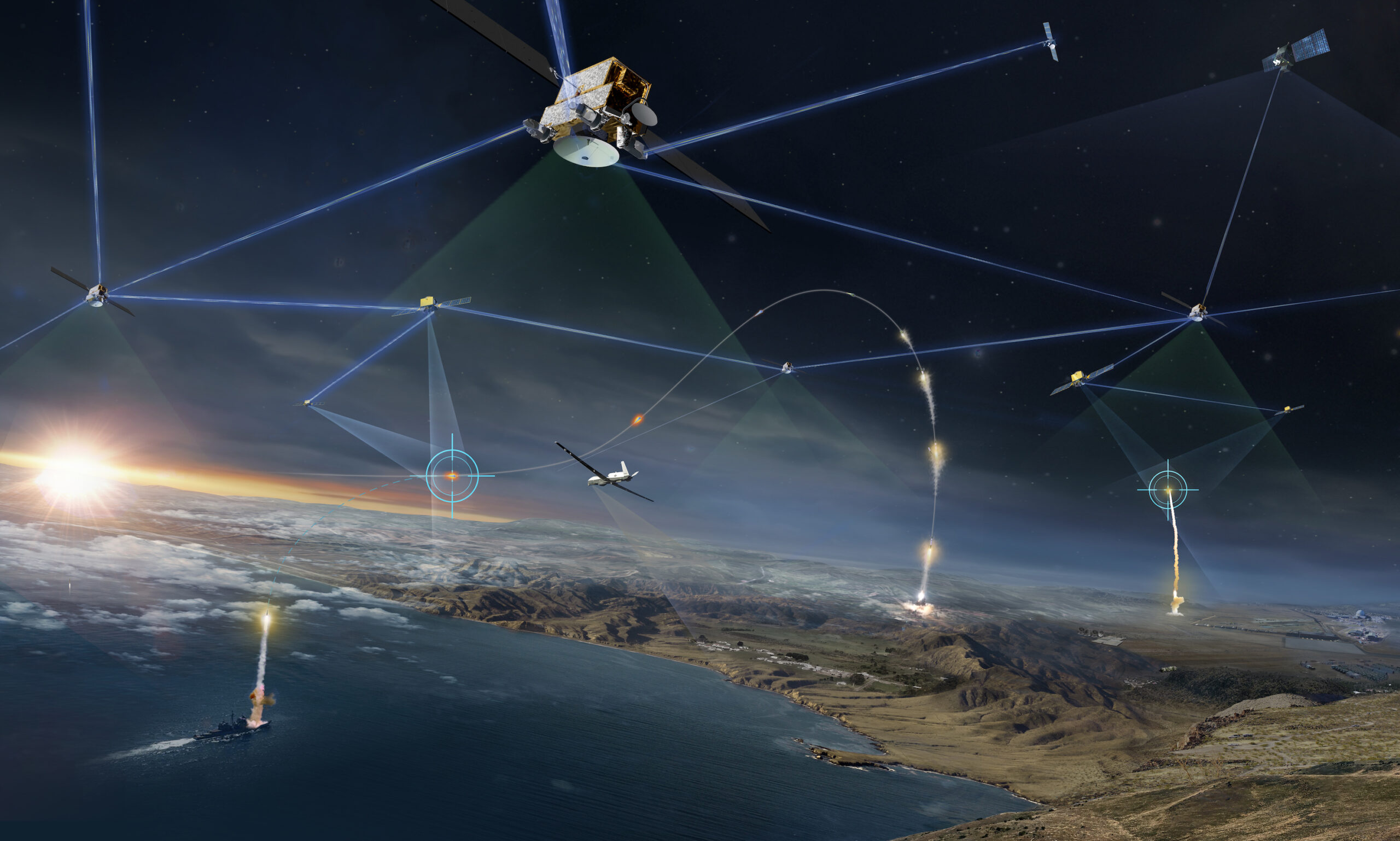 Die hybriden SATCOM-Lösungen von Northrop Grumman sind in einer Demonstration mit kommerziellen Internetanbietern im Weltraum verbunden, um ein stabiles Netzwerk in mehreren Umlaufbahnen und mit mehreren Konstellationen zu demonstrieren. (Grafik: Northrop Grumman)