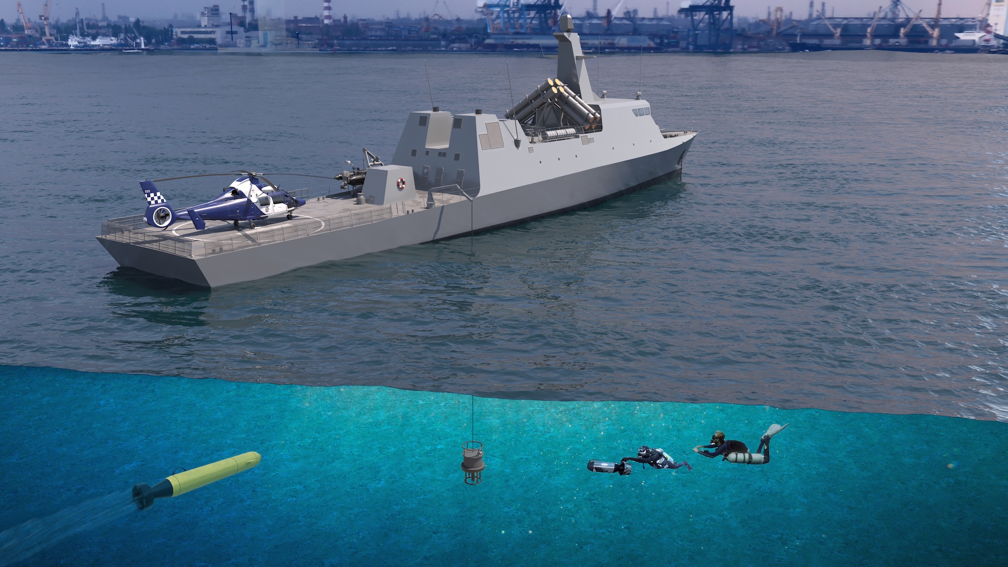 Das PointShield-Systems erkennt alle Gefahren unter Wasser. Es kann von Schiffen aus operieren oder fest verbaut Häfen schützen.